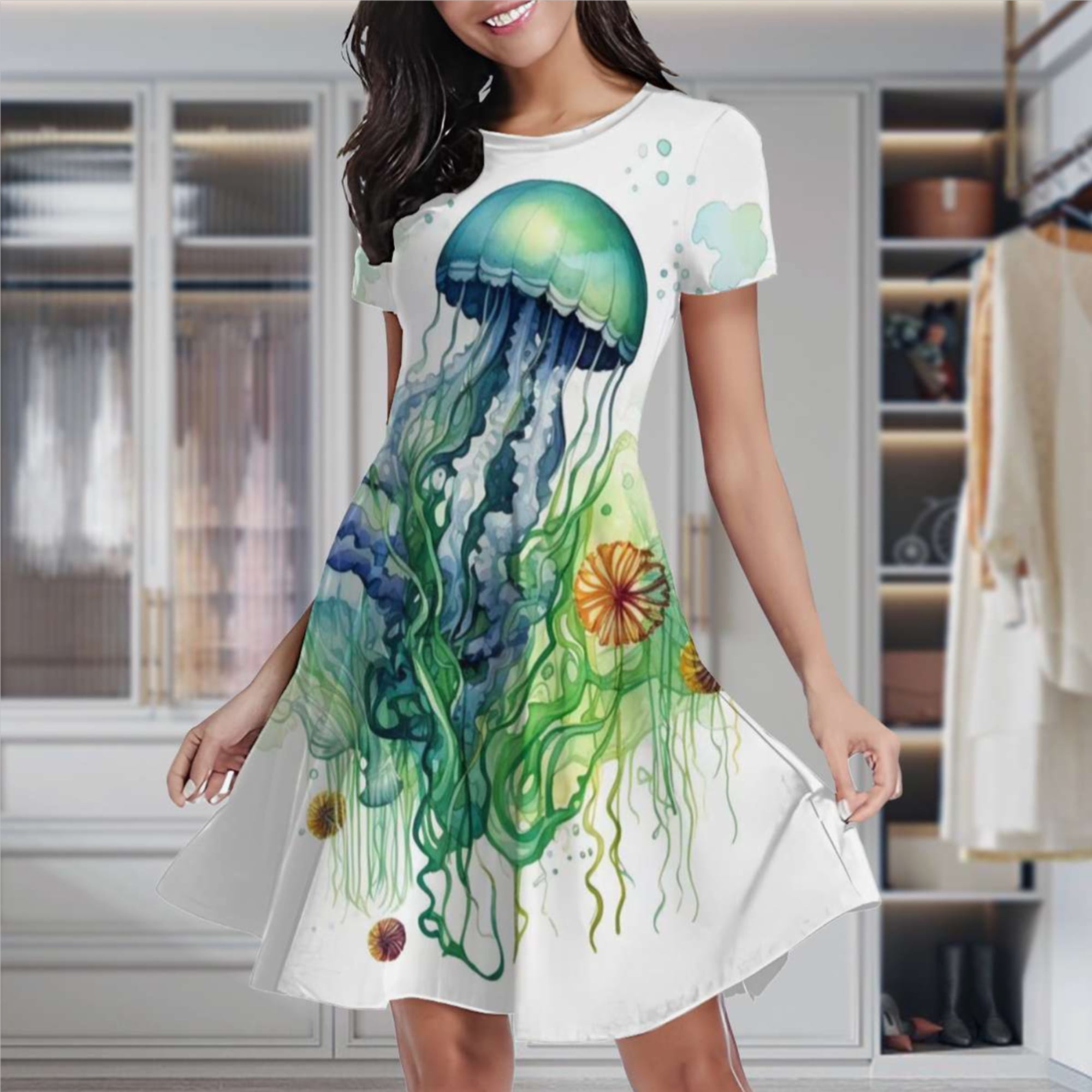 Marine Life Jellyfish Green Women's Classic Swing Skater Dress Casual Work  Party Cocktail Dresses - Walmart.com