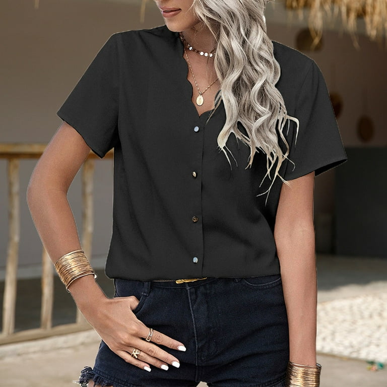 YYDGH Womens Short Sleeve Button Down Shirts V Neck Shell Trim Casual  Blouses Summer Tops Black XL 