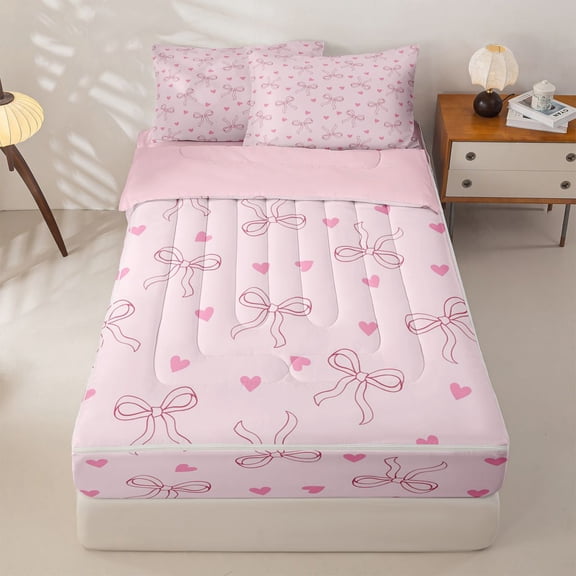 Homewish Girls Pink Zipper Twin Comforter Sets with Fitted Sheet and 2 Pillowcases,Bowknot Hearts Zipper Bedding Set,Pink Reversible,4 Pieces