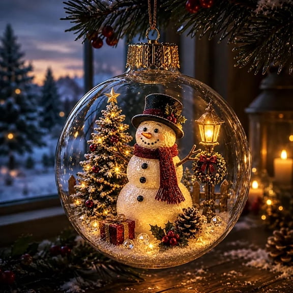 Glowing Christmas Story Ornament,Light-Up Mini Holiday Scene with Warm LED Light,Christmas Tree Hanging Decoration with Santa Snowman Reindeer Themes,Festive Keepsake Gift (cc7)