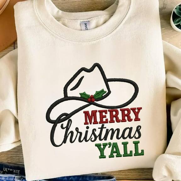 Merry Christmas Yall Cowboy Hat Embroidery File Western Holiday Machine Embroidery Design Rustic Country Christmas Digital Pattern
