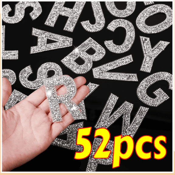 White Glitter Iron-On Letters, 52-Piece Rhinestone Alphabet Stickers for Fabric Decoration and Crafts