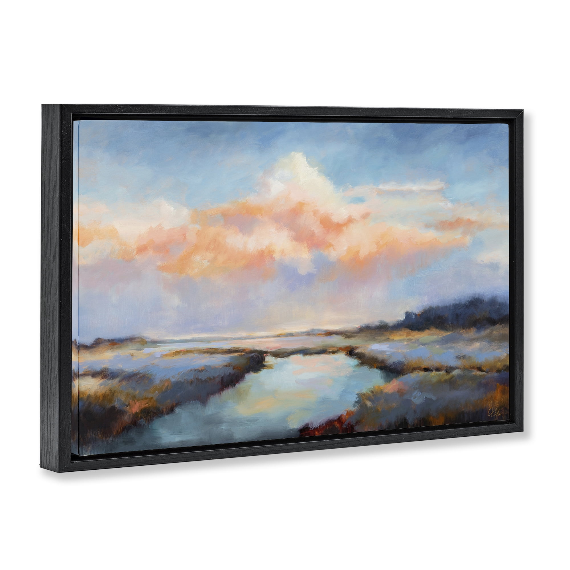 Stupell Industries River with Pastel Clouds Landscape & Nature Painting Black Floater Framed Canvas Art Print Wall Art, 31 x 21