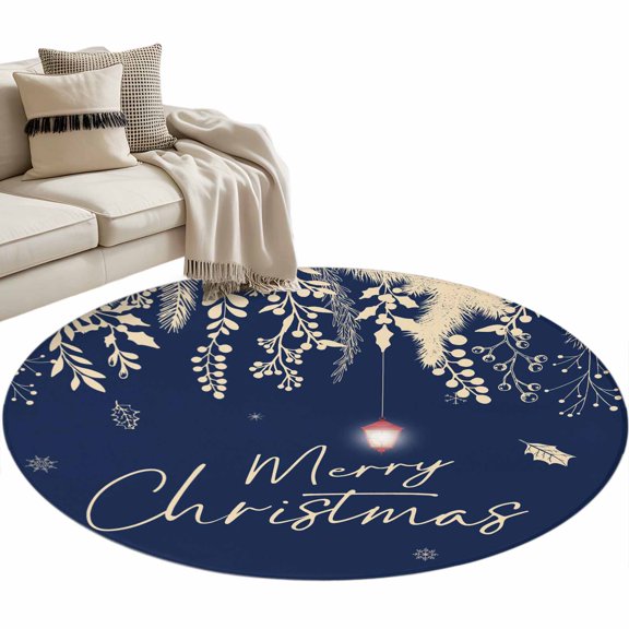 Navy Blue Christmas Round Area Rug 4 FT, Non Slip Indoor Outdoor Rug, Botanical Snowflake Xmas Vintage Washable Soft Circular Carpet Non-Shedding Floor Mat for Coffee Table Nursery Foyer Balcony