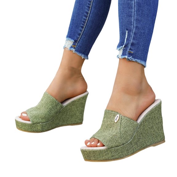 Rokment Linen Wedges Dress Slides Sandals for Women Beach Breathable Cotton Fabric Open Toe Platform Extra High Heels Fashion Casual Summer Espadrilles Heeled Slip on AG Size 6