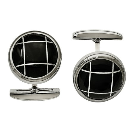 Stainless Steel Polished Black Semi-Precious Stone Round Cuff Links