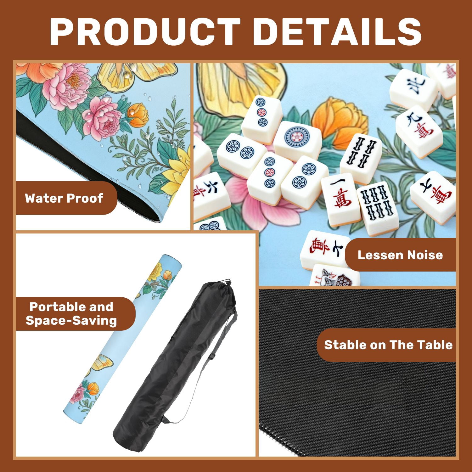 Mahjong Mat 31.5" x 31.5" Floral Butterfly Bird Pastel Flowers Elegant Design Non-Slip Noise Reduction American Mahjong Tiles Table Cover for Dominoes Poker Card Board Games Gift