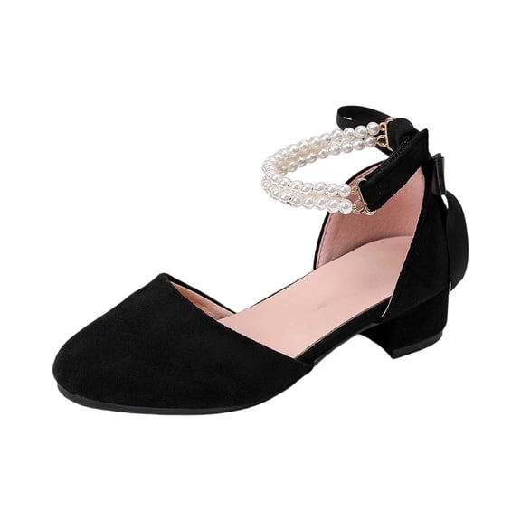 FINALGANG Girls Kids Dressy Low Heel Shoes With Double Layer Pearl Ankle Strap Bow Back Detail Soft Suede Upper For Formal Events Evening Wear Stylish Shoes