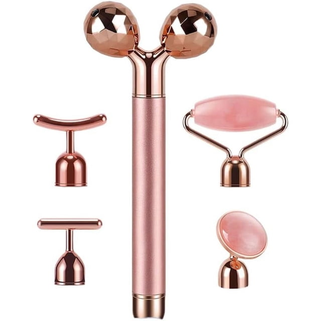 Innotech Masajeador Facial 5 en 1 con Barra de Belleza de Oro de 24 Quilates, Rodillo Eléctrico Vibratorio de Cuarzo Rosa 3D, Rodillo de Jade Gua Sha para Lifting Facial y Corporal