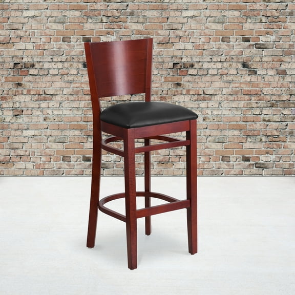 BizChair 2 Pk. Solid Back Mahogany Wood Restaurant Barstool - Black Vinyl Seat