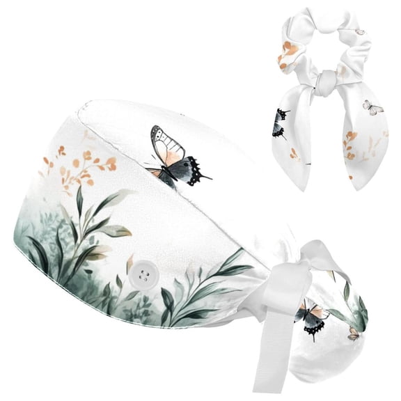 RATGDN Watercolor Butterfly Flower Tie Scrub Cap for Women Men, Nursing Hats with Buttons and Sweatband, Adjustable Elastic Working Caps Surgical Cap with Hair Bow - One Size Fits All