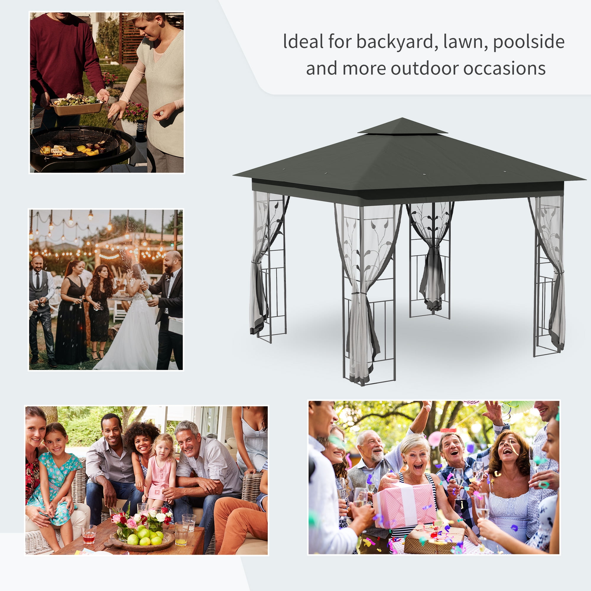 Outsunny&nbsp;10'&nbsp;x&nbsp;10'&nbsp;Metal Patio Gazebo, Double Roof Outdoor Gazebo Canopy Shelter with Tree Motifs Corner Frame and Netting, for Garden, Lawn, Backyard, and Deck, Gray
