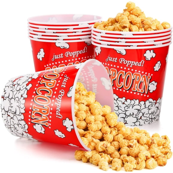 12 Pack Reusable Plastic Popcorn Containers, 85 Oz Large Popcorn Bowls Retro Style Popcorns Bucket Red & White Popcorns Box Tubs for Movie Night, Theater, Bars, Carnival Party
