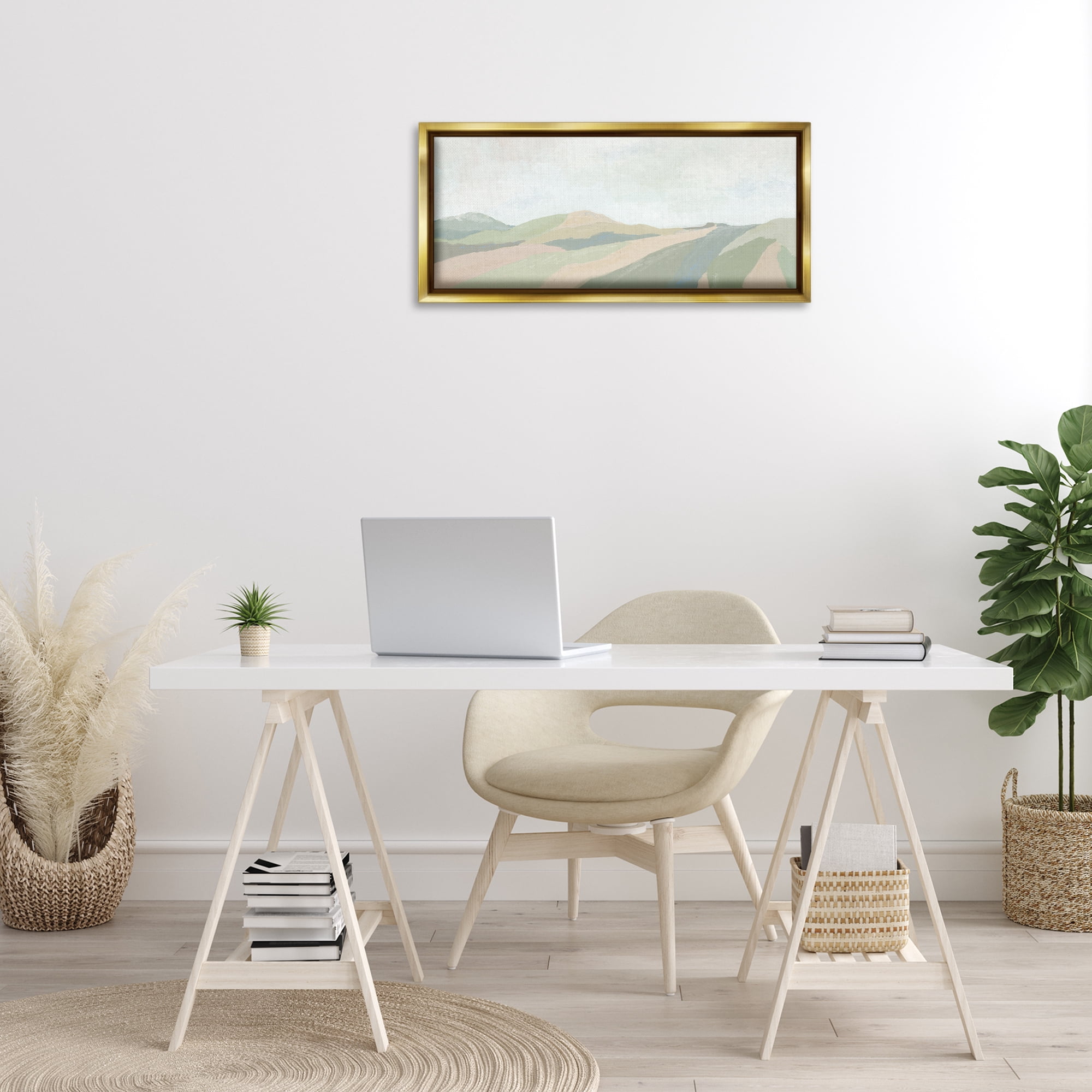 Stupell Industries Striped Green Hills Landscape & Nature Painting Gold Floater Framed Canvas Art Print Wall Art, 31 x 14