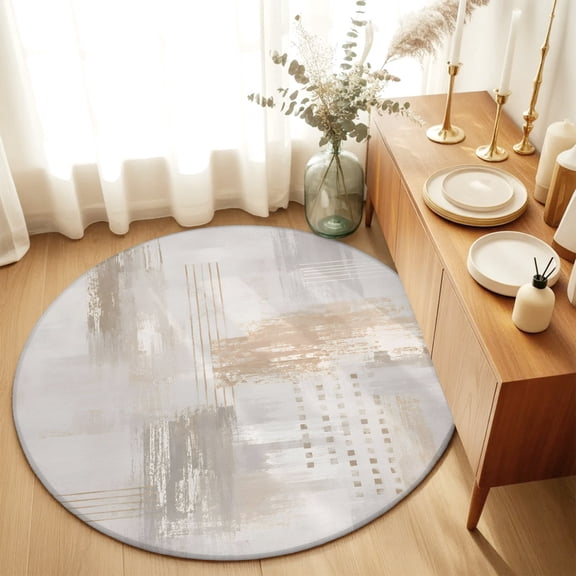 Round Rugs 4Ft, Beige Abstract Round Area Rug Washable Indoor Throw Carpet, Modern Gradient Mottled Vintage Stripes Soft Non Slip Circle Rug for Kitchen Nursery Room Home Decor Aesthetic