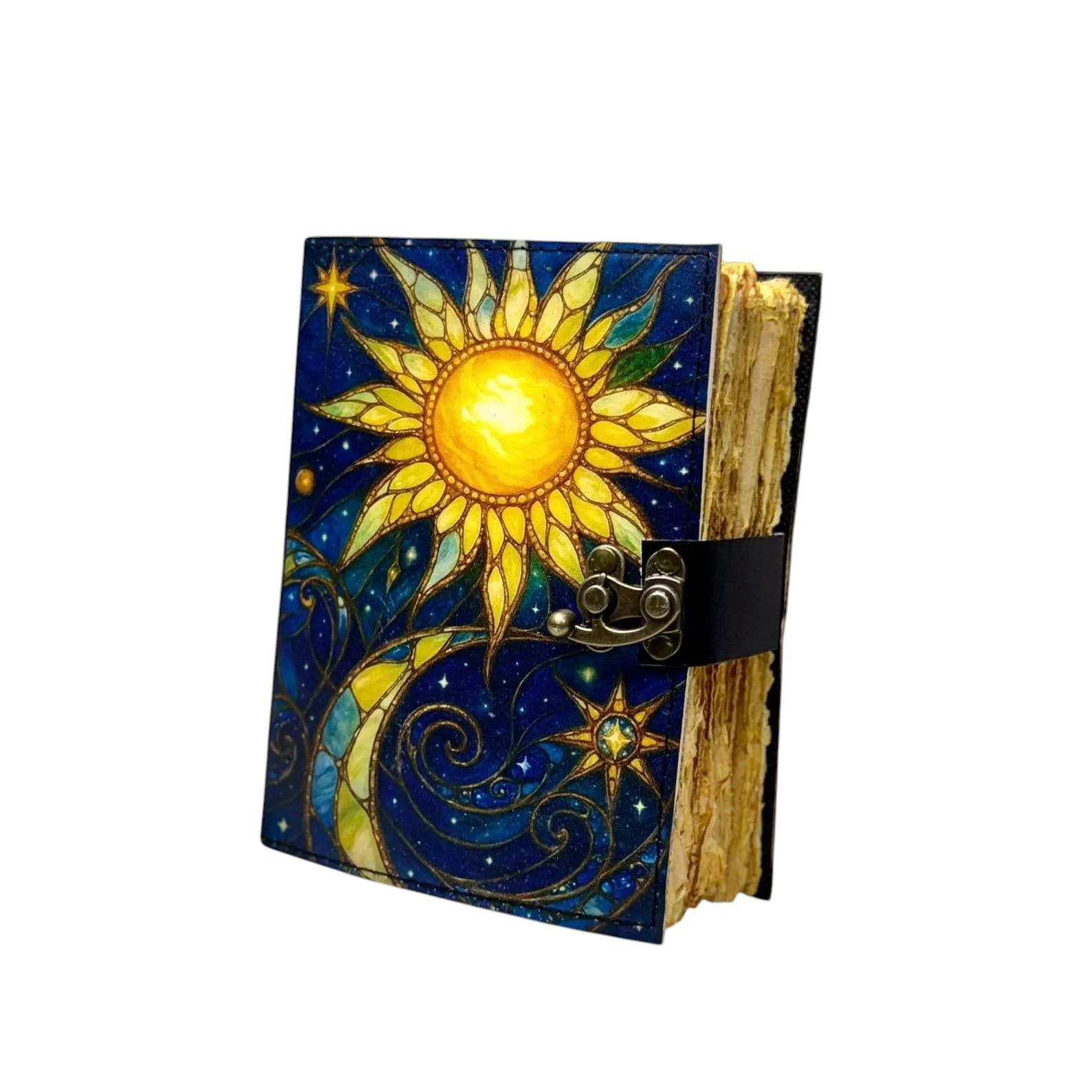 Handmade Leather Journal with Sun & Moon Artwork – 5x7 Inch Vintage Notebook with 200 Deckle Paper Pages, Antique Clasp, Handmade Writing Diary & Sketchbook