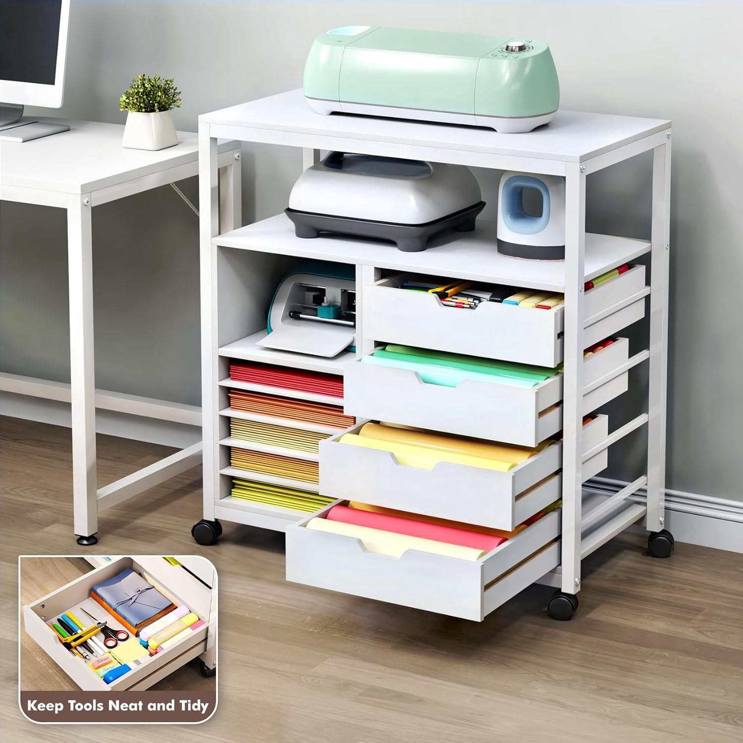 Craft Organizer Storage Cart, Rolling Cart Organizer, Vinyl Roll Holder and Cutting Machine Storage Cabinet, Craft Cart with Drawers for Craft Room Organizer 32" W x 16" D x 34" H