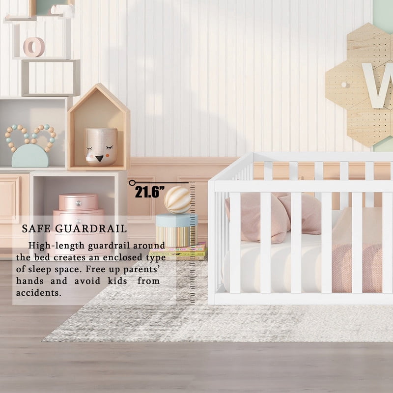 Queen Size Wood Floor Bed with Door & Fence, Montessori Bed Frame with Full Length Safety Guardrails, Wood Queen Bed with Slats, No Box Spring Needed-White