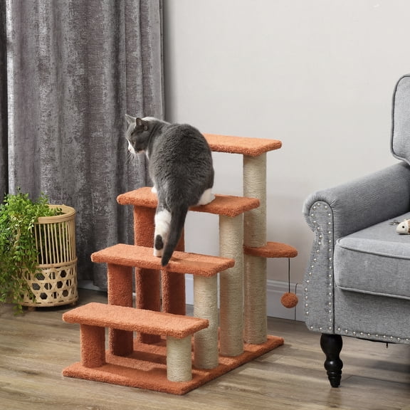 PawHut 4 Levels Cat Steps, Pet Stairs Carpeted Ladder, Kitten Tree Climber with Scratching Posts, Hanging Play Ball, Side Step, Brown