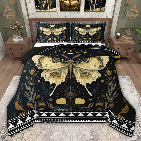 jejeloiu Beige Bohemian Moth Twin Comforter Sets,Vintage Botanical Leaves Bedding Set For Girl Boy Reversible 2pcs