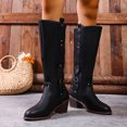 thumbnail image 2 of Black Knee High Boots Women Wide Calf Vintage Leather Stacked Heel Zipper Strappy Long Winter Riding Booties, 2 of 6
