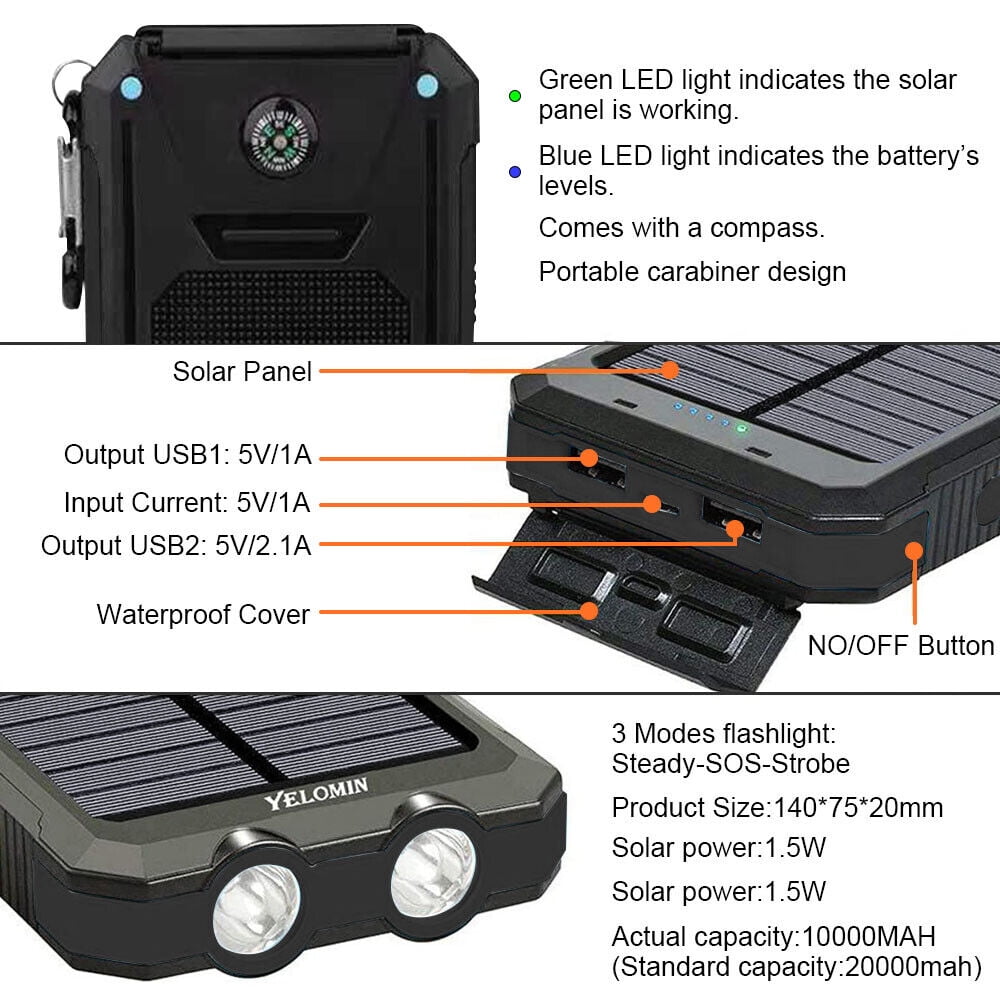 Super 10000000mAh USB Portable Charger Solar Power Bank for Cell Phone, Black.