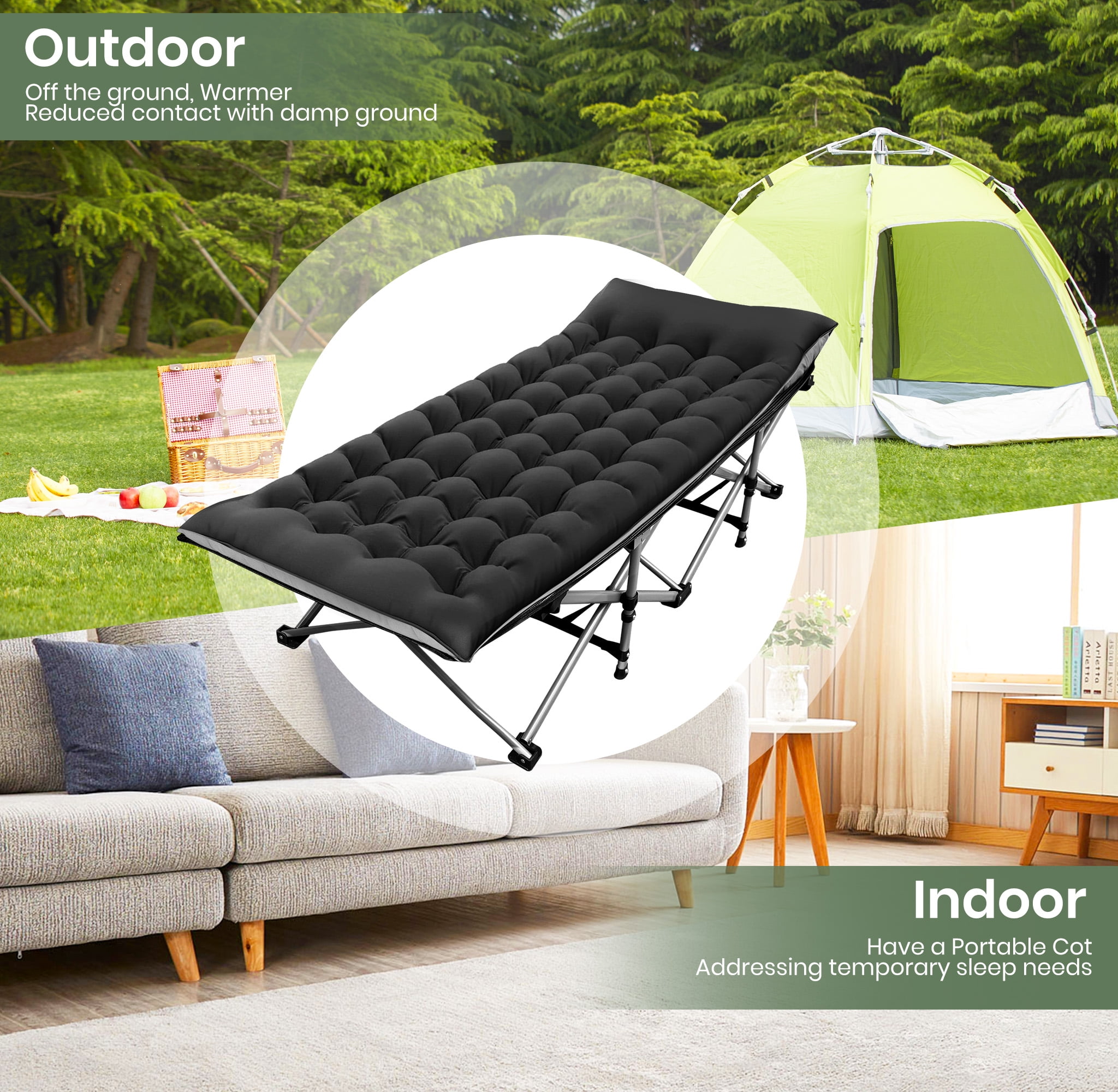 GVDV Folding Camping Cot with 2 Sided Comfort Mattress