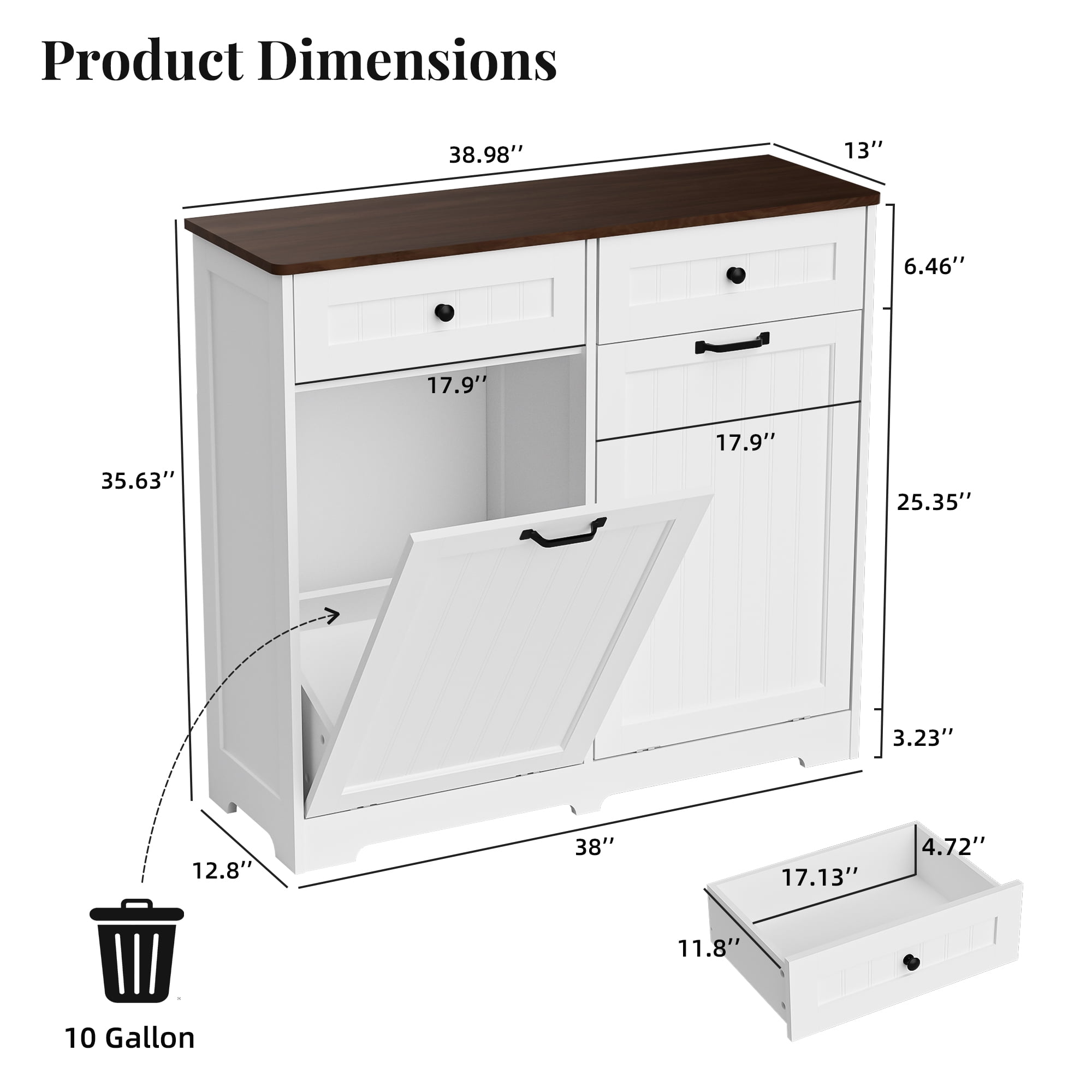 HARIPUL Double Tilt Out Trash Can Cabinet for 2 Bins, Hidden Garbage Can Cabinet with Drawers, Wooden Trash Bin Cabinet, 10 Gallon Trash Can Holder Cabinet for Kitchen, White