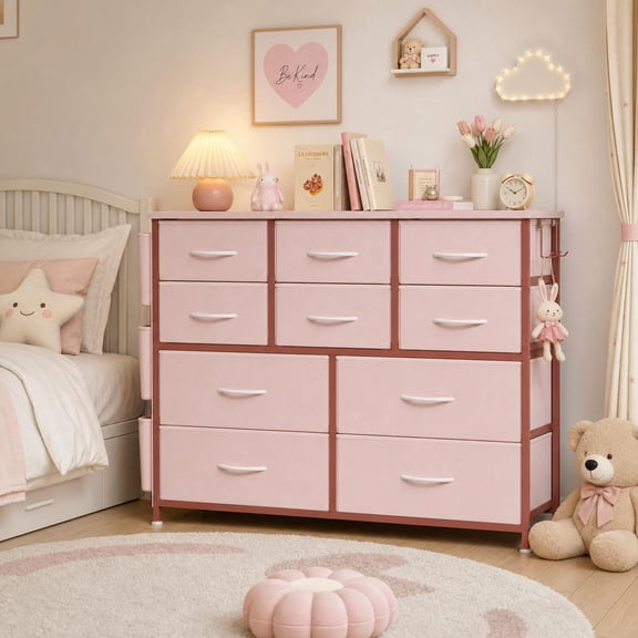 Wide 10-Drawer Fabric Dresser Storage Chest for Bedroom - Sturdy Metal Frame, Wooden Top, Side Pockets & Hooks - Ideal for Closet, Living Room - Pink