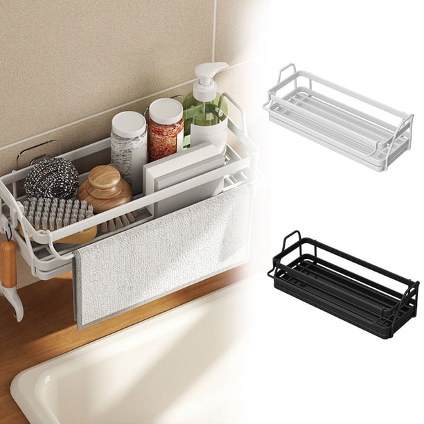 Organizador para portafregaderos de fregadero con bandeja extraíble para goteos - Soporte metálico para esponjas y trapos, estantero antióxido de 10" para cepillos y fregadores, blanco o negro