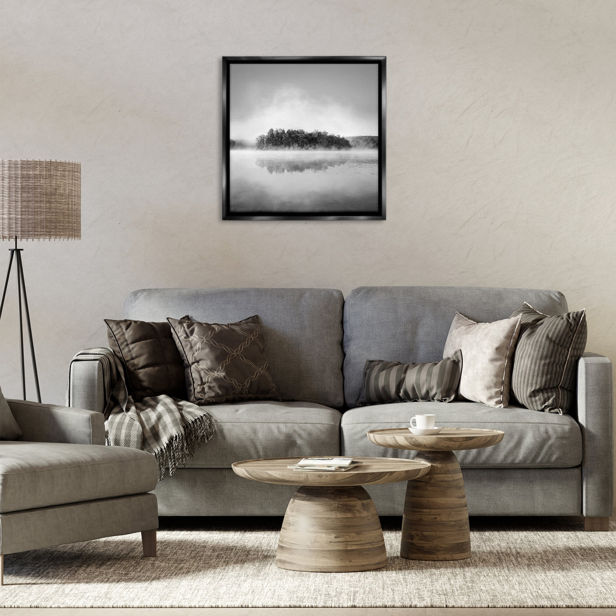 Stupell Industries Lake with Distant Island Landscape & Nature Photography Black Floater Framed Canvas Art Print Wall Art, 25 x 25