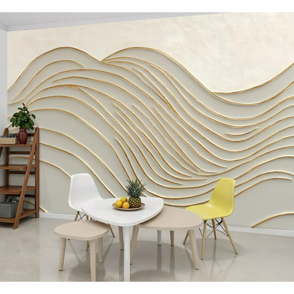 Peel and Stick Wallpaper Wall Murals Abstract White Gold Wave Lines Flowing Patterns 69"H x 96"W Removable Wall Paper Self-Adhesive Wall Decor for Bedroom Living Room Nursery