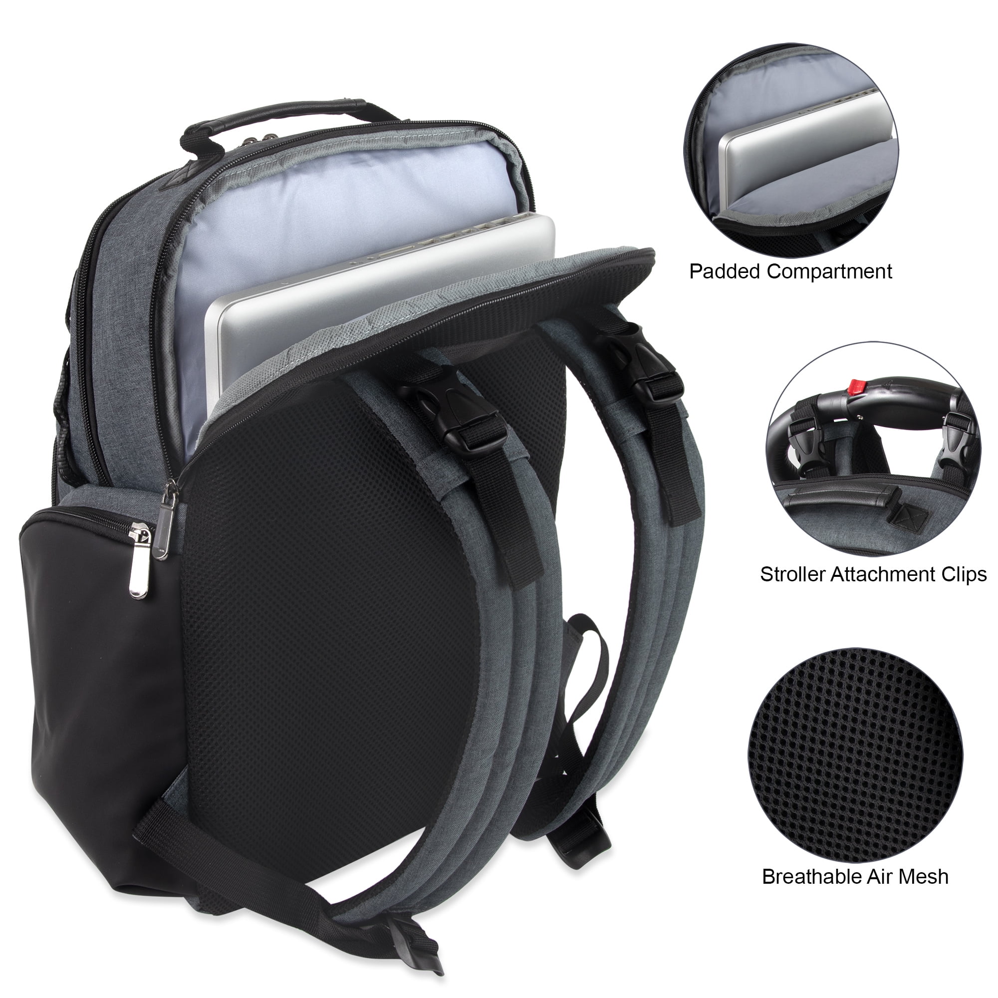 Baby Essentials Super Cooler Multi-Pocket Dual Zipper Closure Diaper Bag Backpack with Matching Changing Pad, Insulated Bottle Pockets and Stroller Straps in Gray & Black