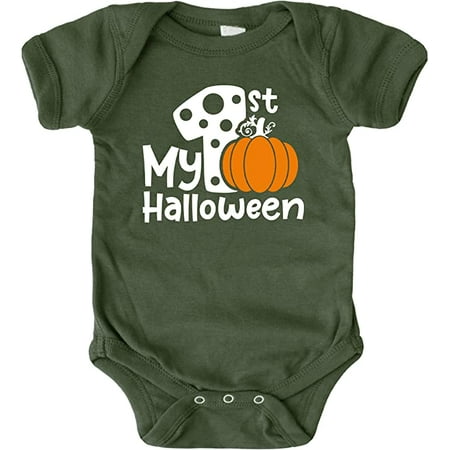 

My 1st Halloween Pumpkin Bodysuit for Infant Baby and Toddler Boys and Girls for Halloween and Fall Outfits Orange on Military Green Bodysuit 6 Months