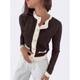thumbnail image 4 of Women'S Contrast Trim Long Sleeve Button Front V Neck Cardigan Brown S, 4 of 7
