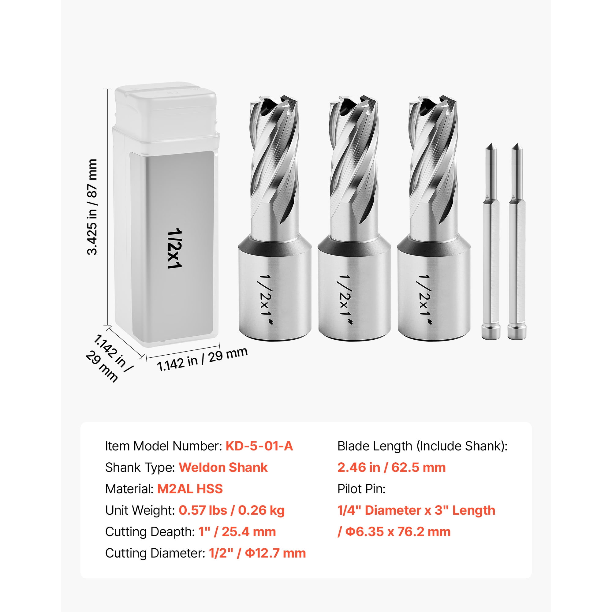 KFFKFF Annular Cutter Set, 5-Piece Weldon Shank Drill Bit Kit, 1" Depth, 1/2" Diameter, HSS Material, Includes 3 Drill Bits, 2 Pilot Pins, and 3 Storage Cases, Compatible with Magnetic Drills