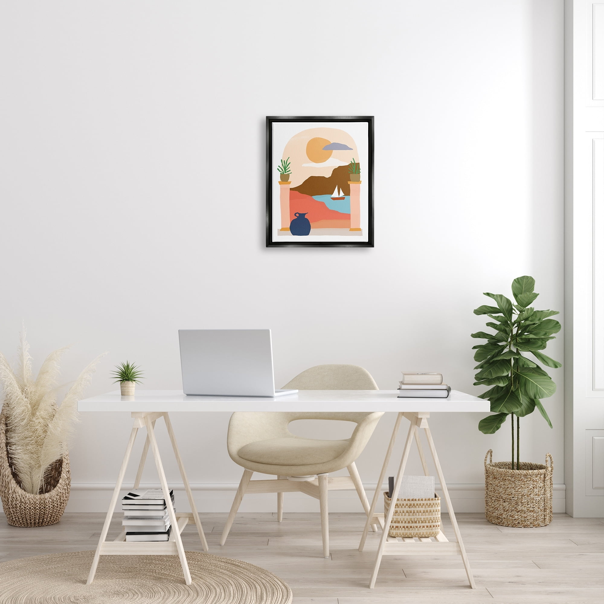Stupell Industries Calm Distant Sailboat Arch Shaped Landscape Scene Graphic Art Jet Black Floating Framed Canvas Print Wall Art, Design by June Erica Vess