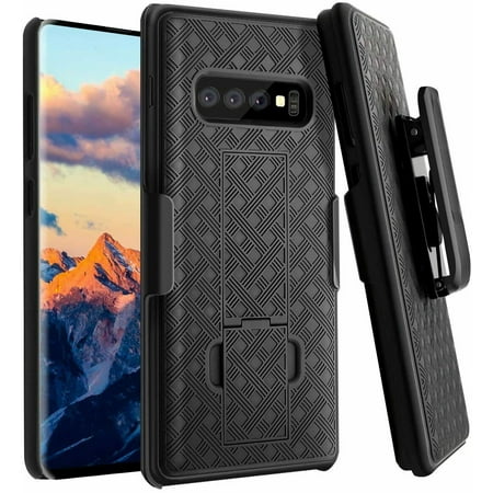 Nagebee Case for Samsung Galaxy S10 Plus with HD Film Screen Protector (Full Coverage), Armor Defender [Swivel Belt Clip Holster] [Built-In Kickstand] Shockproof Rugged Phone Cover (Shell Black)