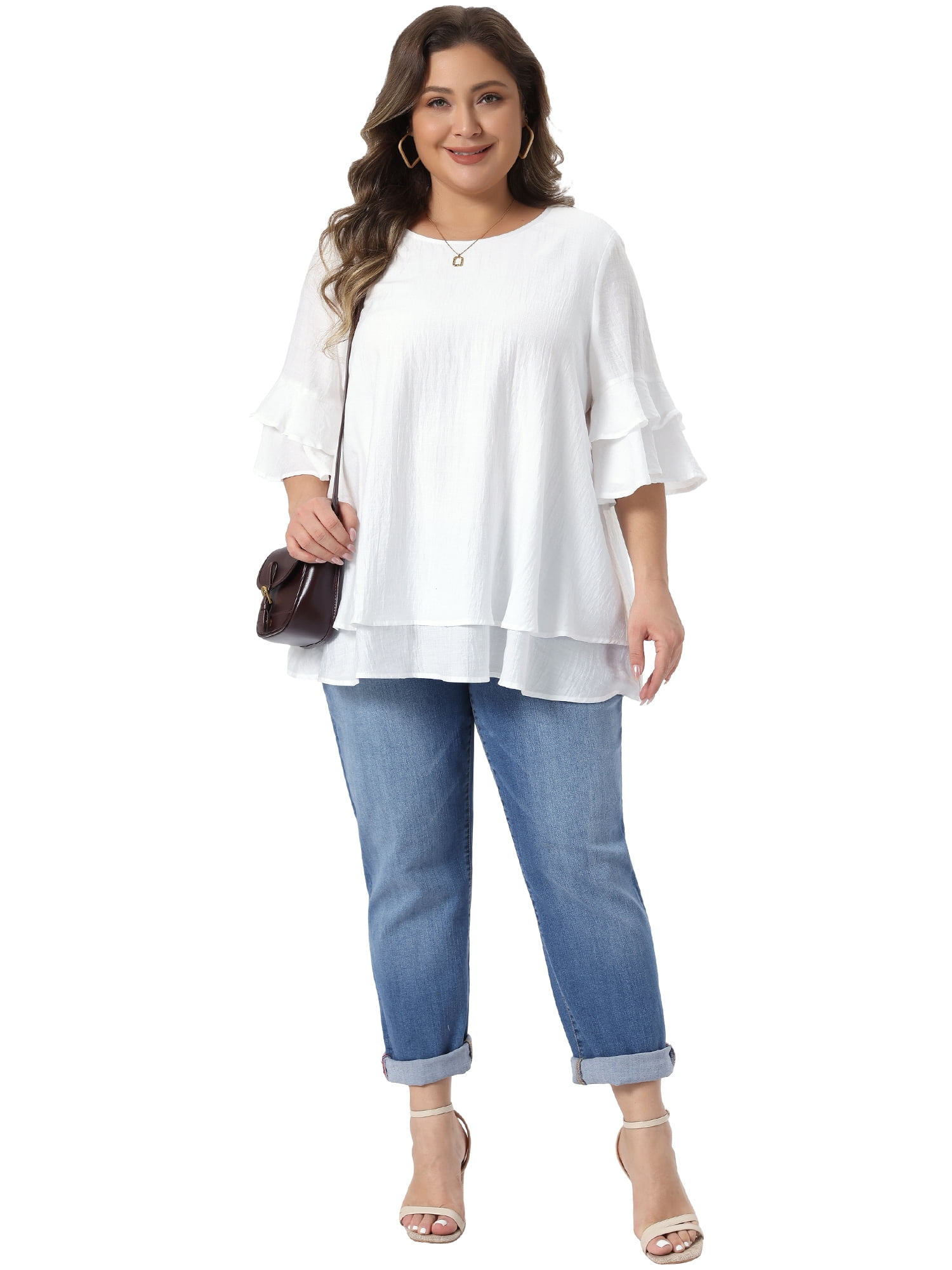 DARING DIVA Women's Plus with Crew Neck and Ruffle Half Tops 4X White