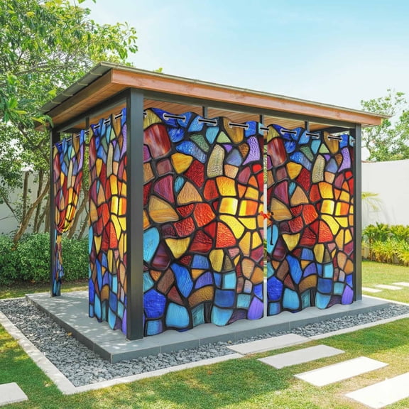 Blue Red Yellow Outdoor Curtains for Patio Waterproof,Windproof Privacy Curtains with Weighted Bottom,Modern Colored Rainbow Stained Glass Outside Drapes for Picnic Garage Yard 54"x108" 2 Panel