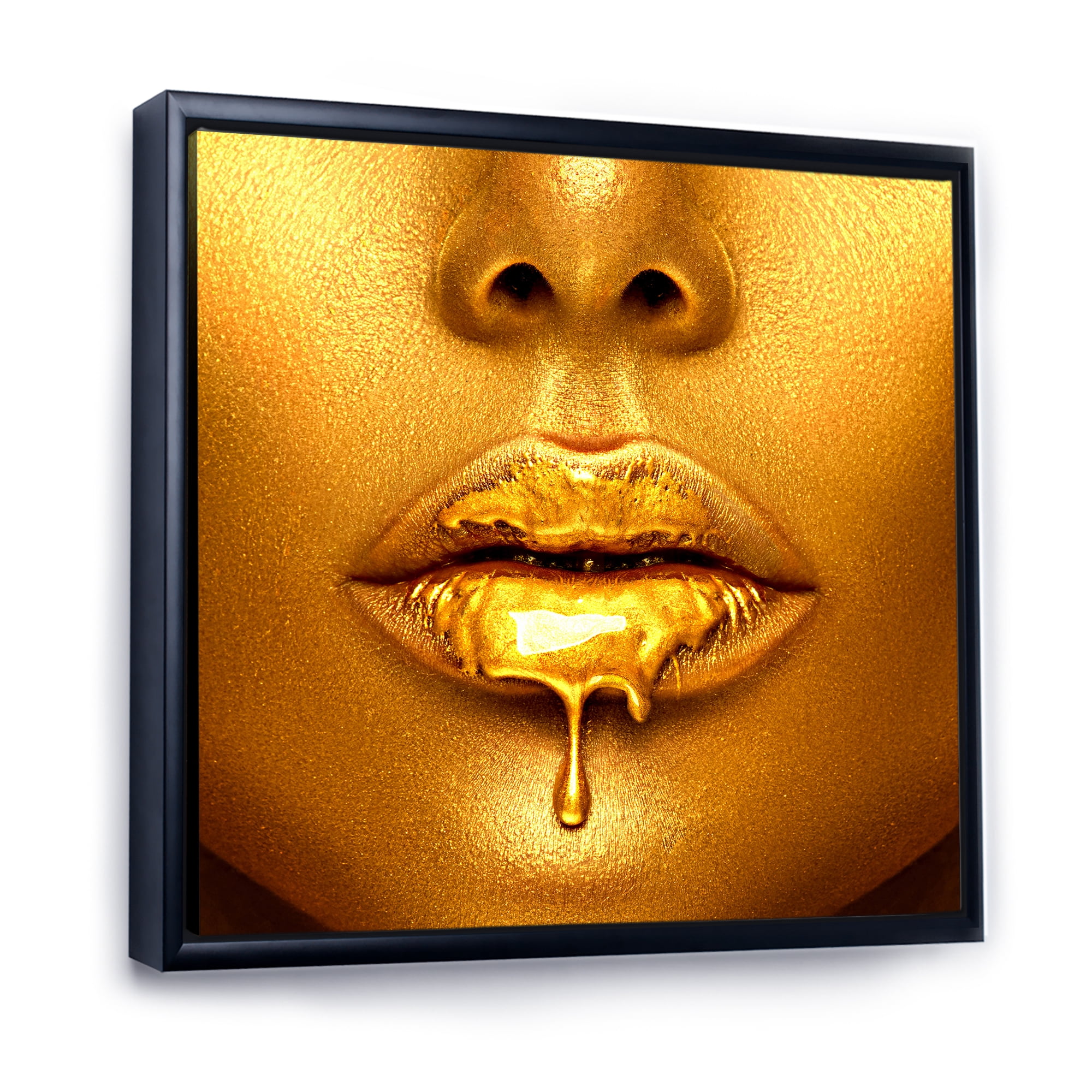 Designart 'Gold Paint Drips From Sexy Girl Lips' Modern Framed Canvas Wall Art Print