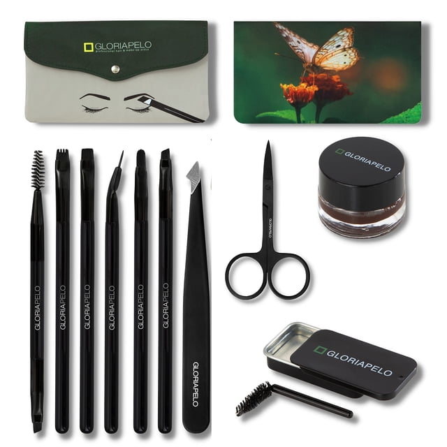 GLORIAPELO Juego de brochas para cejas - Kit de brochas de maquillaje premium - 10 brochas de maquillaje para cejas - Juego de brochas de maquillaje profesional - Gel de maquillaje para cejas - Jabón