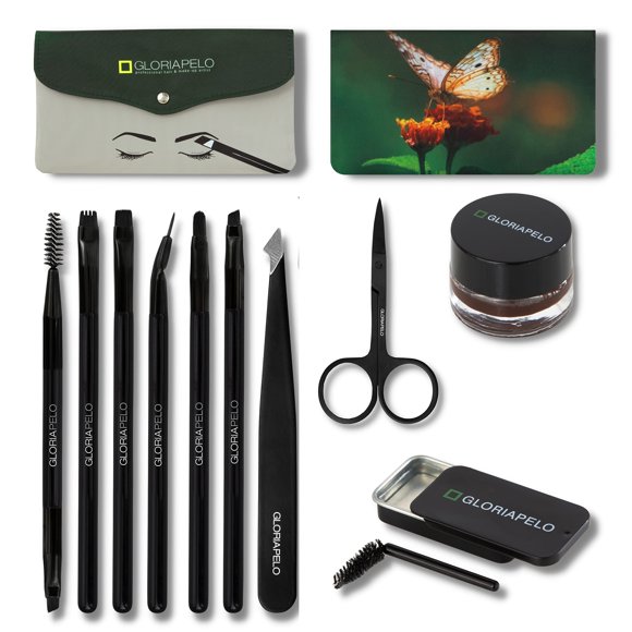 GLORIAPELO Juego de brochas para cejas - Kit de brochas de maquillaje premium - 10 brochas de maquillaje para cejas - Juego de brochas de maquillaje profesional - Gel de maquillaje para cejas - Jabón