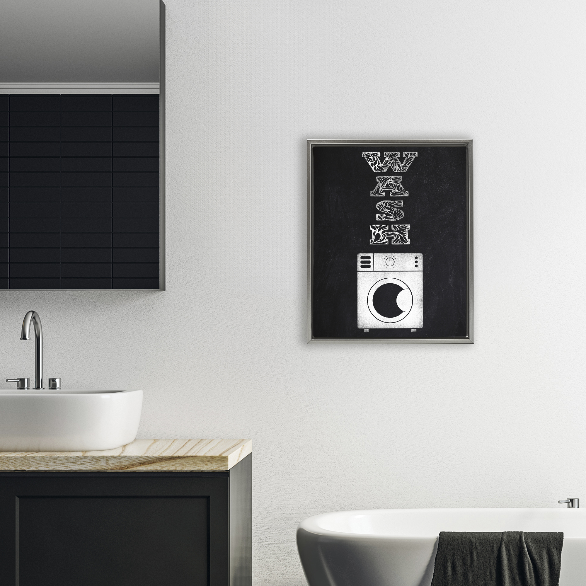 Laundry Wash Ornate Letters Gray Framed Floater Canvas Wall Art, design by Marcus Prime