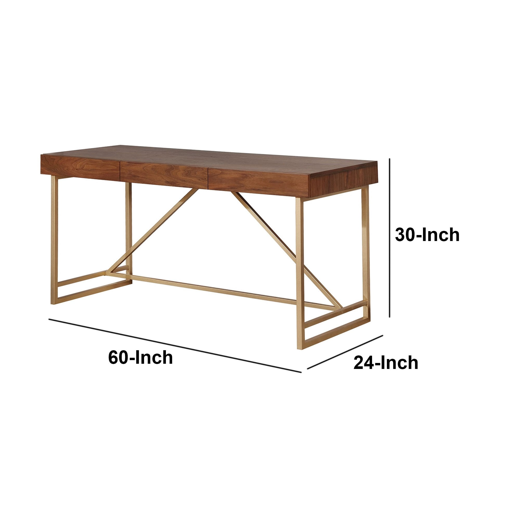 Wooden Writing Desk with Metal Legs, Walnut Brown Gold