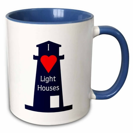 - 3dRose Print of I Love Lighthouses On Navy Lighthouse - Two Tone Blue Mug, 15-ounce