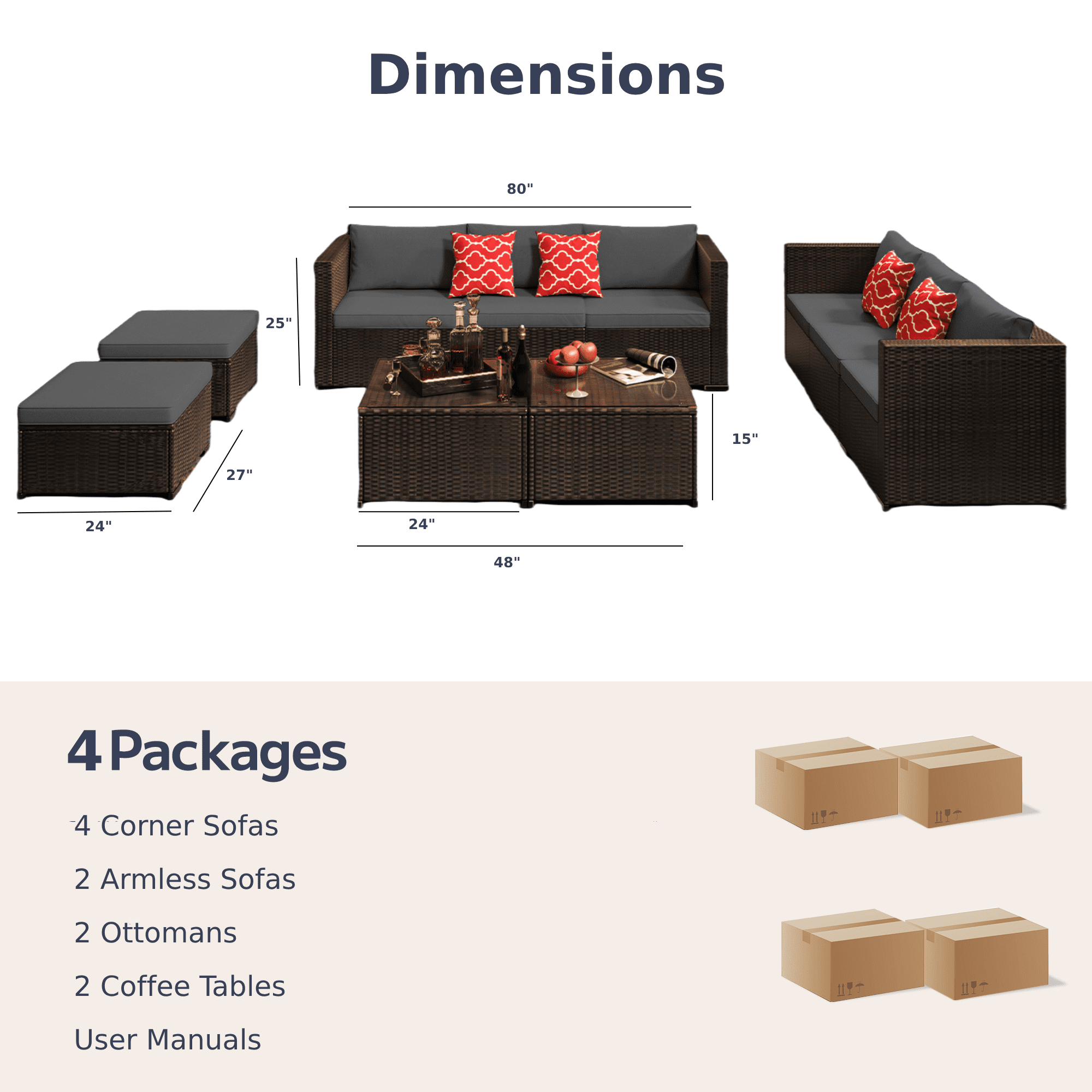 Patio Furniture Set, Lofka 10 Pieces Outdoor Sectional Sofa Set with Rattan Sofa and Tempered Glass Table, All-Weather Resistant for Backyard & Garden, Gray