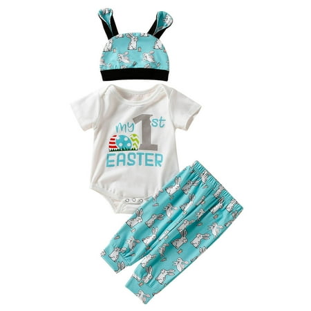 

Boys Girls Short Sleeve Easter Letter Cartoon Rabbit Prints Romper Bodysuit Pants Hat Outfits Baby Girl Plain Clothes