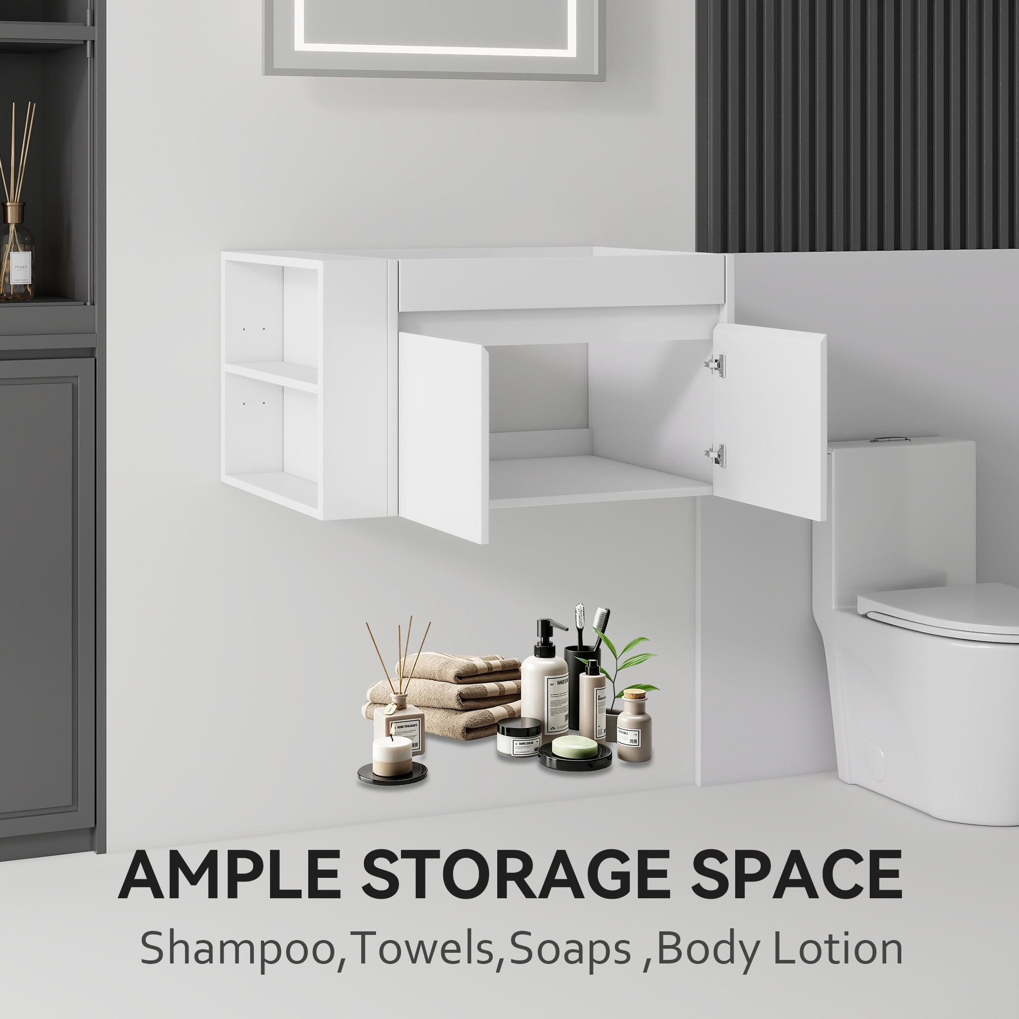 Leumius 30" Floating Bathroom Vanity Cabinet with Open Side Storage Compartment,Soft-Close Double Doors,Wall Mounted Bathroom Cabinet for Small Space,Cabinet Only,White