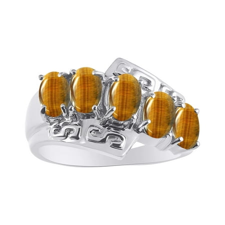 - 5 Stone Oval Shape Tiger Eye Ring Set In 14K White Gold - Color Stone Birthstone Ring Greek Key Design LR7168TEW-D